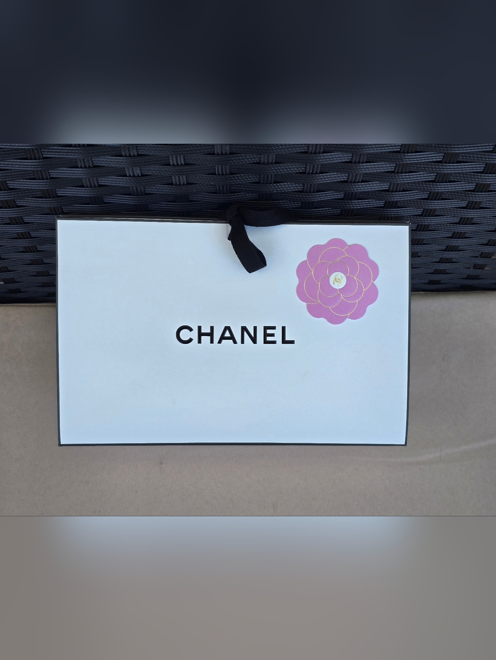 CHANEL White Bag with Pink Camellia Accent Gift Bag
